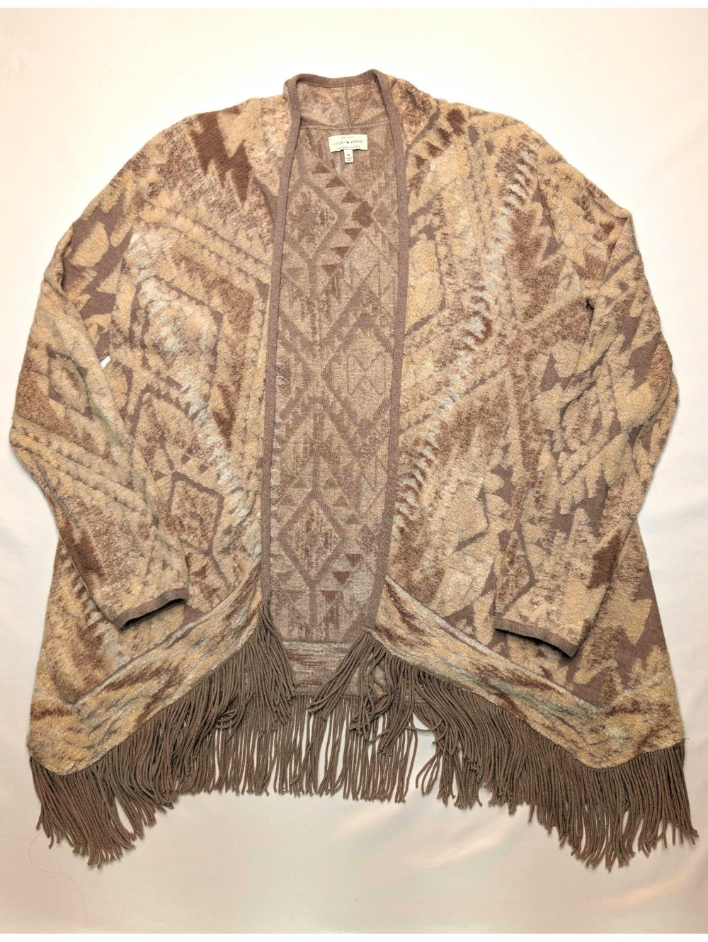 Lucky Brand Aztec Southwestern Fringe Open Front Boho Cardigan Beige Brown M